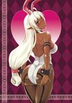  animal_ears antenna_hair argyle argyle_background ass blush bunny_ears bunny_tail commentary_request dark_elf dark_skin elf fishnet_pantyhose fishnets kumoi_takashi long_hair orange_eyes pantyhose pointy_ears sansei_muramasa solo soukou_akki_muramasa standing tail white_hair wrist_cuffs 