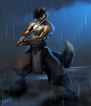  anthro bleats canine clothed clothing looking_at_viewer male mammal melee_weapon muscular raining smile solo standing sword topless weapon 