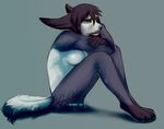  2015 5_fingers angiewolf anthro blue_nose breasts canine eyelashes featureless_breasts female fur green_eyes hair mammal nude purple_hair simple_background sitting solo 