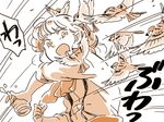  alternate_hairstyle bird cup eurasian_tree_sparrow fujiwara_no_mokou mitsumoto_jouji monochrome open_mouth sleeves_rolled_up sparrow spilling surprised touhou translated 