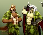  anthro body_hair canine chest_hair clothed clothing dragon duo flexing horn male mammal muscular primodrago standing wings 