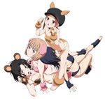  animal_costume bangs bare_shoulders barefoot black_hair blunt_bangs blush breasts brown_eyes brown_hair collarbone highres hiura_akane kumagai_yuuko looking_at_viewer looking_away medium_breasts multiple_girls nasu_rei navel open_mouth shiki_sayoko small_breasts world_trigger 