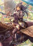  armor bangs belt brown_eyes company_connection copyright_name cuboon dress eyebrows_visible_through_hair field fire_emblem fire_emblem:_kakusei fire_emblem_cipher flower flower_field gauntlets green_hair holding holding_weapon horseback_riding lance long_hair looking_at_viewer official_art outdoors pegasus pegasus_knight petals polearm riding short_dress smile solo sumia thighhighs weapon wings zettai_ryouiki 