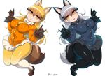  animal_ears black_bow black_gloves black_legwear black_neckwear black_skirt blazer bow bowtie brown_gloves buttons commentary_request covered_nipples extra_ears eyebrows_visible_through_hair ezo_red_fox_(kemono_friends) fox_ears fox_shadow_puppet fox_tail fur_trim gloves haku_hakujou_daimaou highres jacket kemono_friends loafers long_hair long_sleeves looking_at_viewer multicolored multicolored_clothes multicolored_legwear multiple_girls necktie panties panties_under_pantyhose pantyhose pleated_skirt shoes signature silver_fox_(kemono_friends) silver_hair skirt tail underwear white_bow white_neckwear white_panties white_skirt wide_hips yellow_eyes yellow_neckwear 