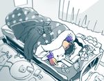  1boy bed bedroom black_hair blanket food lying male_focus osomatsu-kun osomatsu-san solo stuffed_toy tissue 