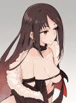  1girl bangs bare_shoulders black_dress breasts brown_hair center_opening choker cleavage collarbone commentary_request consort_yu_(fate) dress fate/grand_order fate_(series) from_above fur_trim grey_background highres jewelry large_breasts long_hair red_eyes sakura_akami solo strapless strapless_dress very_long_hair 