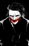  batman_(series) black_background formal glasgow_smile grin highres itosiki_zetu kubrick_stare looking_at_viewer male_focus monochrome simple_background sketch smile solo spot_color stitched_mouth stitches suit the_joker upper_body 