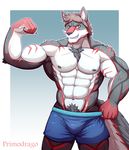  anthro bulge canine clothed clothing flexing looking_at_viewer male mammal muscular primodrago pubes scar smile solo topless 