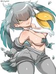  areola_slip areolae breasts cowboy_shot feathers fingerless_gloves gloves green_eyes grey_hair grey_legwear grey_shirt grey_shorts grin hair_over_eyes haku_hakujou_daimaou head_wings highres kemono_friends looking_at_viewer micro_bikini_top necktie pantyhose shiny shiny_skin shirt shoebill_(kemono_friends) short_hair shorts signature simple_background smile solo undressing white_neckwear 