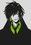  1boy coat collared_shirt green green_eyes green_hair grey_background highres keishin looking_at_viewer monochrome necktie original shirt simple_background smile solo upper_body wing_collar 