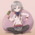  bad_id bad_pixiv_id bean_bag_chair black_legwear blue_eyes blush camouflage deguchi_touko eyebrows_visible_through_hair gakkou_gurashi! game_console grey_hair grey_skirt handheld_game_console highres holding_handheld_game_console hood hoodie long_hair looking_at_viewer okayparium pantyhose playstation_portable sitting skirt smile solo thighhighs 