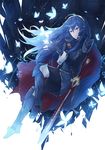  black_gloves black_pants blue_eyes blue_hair bug butterfly falchion_(fire_emblem) fingerless_gloves fire_emblem fire_emblem:_kakusei floating_hair full_body gloves hair_between_eyes insect kachi long_hair lucina pants sheath sheathed smile solo sword very_long_hair weapon 