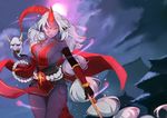  1girl absurdres breasts cleavage full_moon goat_girl highres horns large_breasts league_of_legends moon night pointy_ears purple_skin red_eyes sideboob solo soraka staff white_hair 