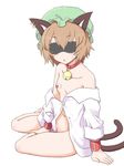  animal_ears bandaid bandaids_on_nipples bare_legs bare_shoulders bell bell_collar blindfold brown_hair buttons cat_ears cat_tail chen collar collarbone cuffs earrings eyebrows_visible_through_hair facing_viewer full_body green_hat hair_between_eyes hat jack_(wkm74959) jewelry jingle_bell mob_cap multiple_tails naked_shirt navel pasties shirt short_hair simple_background sitting solo sweat tail touhou two_tails white_background yokozuwari 