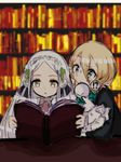  2girls blonde_hair book jouvet library long_hair mahou_shoujo_ikusei_keikaku mahou_shoujo_ikusei_keikaku_f2p multiple_girls pere_pachipachi puppeta reading short_hair silver_hair 