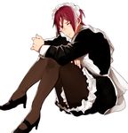  alternate_costume apron blush chietori crossdressing embarrassed enmaided free! full_body high_heels looking_at_viewer maid maid_apron maid_headdress male_focus matsuoka_rin pantyhose simple_background sitting solo white_background 