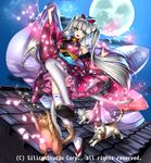  animal_ears bell bell_collar bow cat cat_ears cat_tail collar company_name full_body green_eyes grey_hair gyakushuu_no_fantasica japanese_clothes long_hair moon night official_art open_mouth petals ryuki@maguro-ex sandals solo tail thighhighs twintails 