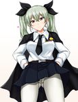  anchovy anzio_school_uniform ass_visible_through_thighs belt black_bow black_neckwear black_skirt blush bow breasts cameltoe cape closed_mouth commentary_request cowboy_shot dress_shirt emblem girls_und_panzer green_hair hair_between_eyes hair_bow hands_in_pockets heart long_hair long_sleeves looking_at_viewer medium_breasts miniskirt necktie pantyhose pleated_skirt poshi_(ginmokusei) red_eyes school_uniform shirt skirt smile solo twintails white_legwear white_shirt 