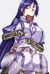  arm_guards black_gloves blush breasts chocolate chocolate_heart closed_mouth eyebrows_visible_through_hair fate/grand_order fate_(series) fingerless_gloves food_in_mouth gloves grey_background hands_up heart knees_together_feet_apart large_breasts long_hair looking_at_viewer minamoto_no_raikou_(fate/grand_order) mouth_hold purple_eyes purple_hair sabujiroko simple_background sitting smile solo tabard very_long_hair 