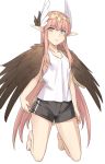  1girl barefoot black_shorts blue_eyes brown_wings circe_(fate/grand_order) collarbone eyebrows_visible_through_hair fate/grand_order fate_(series) feathered_wings full_body hairband head_wings kneeling long_hair looking_at_viewer pink_hair pointy_ears shirt shiseki_hirame short_shorts shorts simple_background sleeveless sleeveless_shirt solo very_long_hair white_background white_shirt wings yellow_hairband 