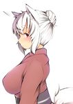  :o alternate_costume animal_ears blush breasts commentary hair_bun highres inubashiri_momiji japanese_clothes kimono large_breasts looking_at_viewer obi parted_lips profile purple_eyes sash shishi_juuroku short_hair solo tail thick_eyebrows touhou white_hair wolf_ears wolf_tail 