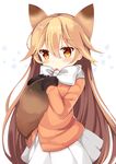  animal_ears bangs black_gloves blazer blonde_hair blush brown_eyes commentary_request extra_ears eyebrows_visible_through_hair ezo_red_fox_(kemono_friends) fox_ears fox_girl fox_tail fur-trimmed_sleeves fur_trim gloves hair_between_eyes hair_flaps hands_up holding_tail jacket kemono_friends long_hair looking_at_viewer maki_soutoki open_mouth pleated_skirt skirt snowflakes solo tail upper_body white_background white_skirt 