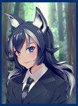  animal_ears bangs black_hair blue_border blue_eyes blurry blurry_background bokeh bonkiru border breasts closed_mouth collared_shirt depth_of_field dress_shirt eyebrows eyebrows_visible_through_hair eyelashes forest grey_wolf_(kemono_friends) hair_between_eyes heterochromia highres kemono_friends lips long_hair long_sleeves looking_at_viewer medium_breasts multicolored_hair nature necktie pink_lips shirt smile solo tree tsurime two-tone_hair upper_body white_border white_hair white_shirt wing_collar wolf_ears yellow_eyes 