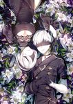  1girl blindfold breasts choker cleavage cleavage_cutout dress flower gloves juliet_sleeves large_breasts leaf long_sleeves lying maokezi nier_(series) nier_automata on_back puffy_sleeves ripples water white_flower white_hair yorha_no._2_type_b yorha_no._9_type_s 