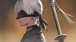  blindfold choker gatorix light_particles male_focus nier_(series) nier_automata simple_background solo sword weapon white_hair yorha_no._9_type_s 
