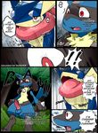  anal anal_penetration anthro balls bush colored comic dildo dildo_sitting duo edit english_text erection forest fur greninja hi_res kivwolf looking_pleasured lucario male nintendo outside penetration penis pok&eacute;mon red_eyes redoxx sex_toy shocked teeth text tree video_games 