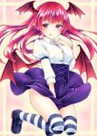  arm_garter bangs belt black_footwear blouse breasts buttons demon_wings funnyfunny head_wings high-waist_skirt highres juliet_sleeves koakuma long_hair long_sleeves marker_(medium) medium_breasts meme_attire mixed_media over-kneehighs pointy_ears puffy_sleeves purple_skirt red_eyes red_hair shiny shiny_hair shoes skirt skirt_tug solo striped striped_legwear thighhighs thighs tongue tongue_out touhou traditional_media virgin_killer_outfit white_blouse wings 