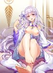  arm_support bare_shoulders barefoot blush braid breasts breasts_outside condom_wrapper dress elf emilia_(re:zero) feet flower hair_ornament highres long_hair long_sleeves looking_away medium_breasts nemovo nipples open_mouth pointy_ears purple_eyes purple_hair re:zero_kara_hajimeru_isekai_seikatsu sitting smile solo thighhighs toenail_polish toes very_long_hair wide_sleeves 