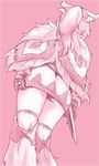  ass ayuria bone_hair_ornament boots cape dagger dress from_behind from_below fur_boots fur_cape gloves knee_boots monochrome monster_hunter monster_hunter_stories pink pink_background ponytail short_dress simple_background solo thighs weapon 