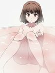  1girl bathtub blush brown_eyes female fujiwara_zenko fukigen_na_mononokean knees_together_feet_apart knees_up nipples nude partially_submerged poncho_s pussy short_hair simple_background sitting solo steam uncensored water white_background 