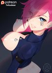  blue_eyes blush breast_tattoo breasts choker hair_over_one_eye large_breasts league_of_legends looking_at_viewer nipples no_bra officer_vi pink_hair pink_lips police police_uniform policewoman shiny shiny_skin short_hair simple_background smile solo tattoo thigh_strap tofuubear uniform vi_(league_of_legends) 
