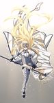  armor armored_boots armored_dress blonde_hair blue_eyes boots braid breasts chietori fate/apocrypha fate_(series) faulds flag full_body gauntlets gradient gradient_background headpiece jeanne_d'arc_(fate) jeanne_d'arc_(fate)_(all) large_breasts long_hair thighhighs very_long_hair 