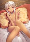  bed_sheet blush breasts collar collarbone dark_elf dark_skin elf indoors kirimori_toya lock looking_at_viewer navel nipples nude on_bed original padlock pillow pointy_ears red_eyes sitting small_breasts solo v_arms white_hair 