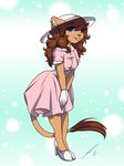  anthro apes blue_eyes brown_hair clothed clothing cute dress ear_piercing feline female footwear fur gloves hair hat high_heels lion looking_at_viewer mammal piercing pink_clothing pose shoes simple_background smile solo standing tail_tuft tuft 