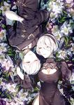 1girl bangs breasts choker cleavage cleavage_cutout dress flower gloves juliet_sleeves large_breasts long_sleeves looking_at_another lying maokezi nier_(series) nier_automata on_back partially_submerged puffy_sleeves ripples water white_hair yorha_no._2_type_b yorha_no._9_type_s 