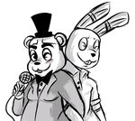  2015 :3 animatronic anthro bear blush bow_tie buckteeth duo five_nights_at_freddy&#039;s freddy_(fnaf) hat holding_microphone inkyfrog interlocked_arms lagomorph looking_at_viewer machine male mammal microphone one_eye_closed rabbit restricted_palette robot simple_background smile springtrap_(fnaf) teeth top_hat video_games white_background wink 