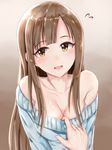  blush breasts brown_eyes brown_hair cleavage clothes_tug highres idolmaster idolmaster_cinderella_girls long_hair looking_at_viewer medium_breasts mizumoto_yukari off-shoulder_sweater open_mouth ribbed_sweater shirushiru_(saitou888) smile solo sweater sweater_tug 