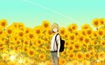  ^_^ backpack bag blonde_hair blue_sky closed_eyes dated day flower grin happy_birthday kou_(coo00) male_focus sky smile sparkle sunflower twitter_username yuri!!!_on_ice yuri_plisetsky 