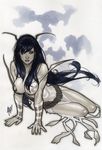 adam_hughes antennae black_hair breasts cleavage dress grey_background highres large_breasts long_hair mantis_(marvel) marvel solo white_dress 