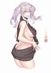  aran_sweater ass backless_dress backless_outfit bare_back black_sweater blue_eyes breasts color_guide cropped_legs dress from_side kantai_collection kashima_(kantai_collection) large_breasts looking_to_the_side meme_attire naked_sweater sideboob sidelocks silver_hair solo sweater sweater_dress turtleneck turtleneck_sweater twintails virgin_killer_sweater white_background yuuji_(and) 