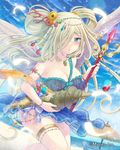  :o armlet beach beach_umbrella beads blonde_hair blue_skirt blue_sky bow bracelet breasts carrying cleavage conch day dutch_angle falkyrie_no_monshou flower gem green_eyes hair_beads hair_flower hair_ornament hair_over_one_eye hair_rings jewelry large_breasts long_hair looking_at_viewer necklace official_art outdoors scallop seashell shell shell_hair_ornament single_strap skirt sky sleeveless solo soukuu_kizuna standing starfish tassel thighhighs umbrella wand watermark white_legwear 