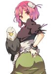  :o ass bandaged_arm bandages bird bun_cover chain commentary_request cuffs double_bun eagle flower from_behind green_skirt hair_bun hasebe_yuusaku ibaraki_kasen looking_at_viewer looking_back parted_lips pink_eyes pink_flower pink_hair pink_rose puffy_short_sleeves puffy_sleeves rose shackles short_hair short_sleeves skirt touhou 