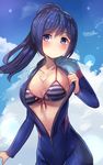  bikini blue_hair blush breasts cleavage cloud day front-tie_top highres lens_flare long_hair love_live! love_live!_sunshine!! matsuura_kanan medium_breasts motokonut navel parted_lips ponytail purple_eyes solo striped striped_bikini swimsuit swimsuit_under_clothes upper_body wetsuit 