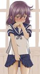  akebono_(kantai_collection) alternate_hair_length alternate_hairstyle blush check_commentary commentary commentary_request hair_between_eyes hair_down hand_to_own_mouth kantai_collection looking_to_the_side nose_blush purple_eyes purple_hair school_uniform serafuku shino_(ponjiyuusu) short_hair short_sleeves skirt skirt_lift solo sweat thighs window wooden_wall 