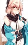  :o ahoge arm_guards bangs black_bow blonde_hair blush bow breasts eyebrows_visible_through_hair fate_(series) hair_between_eyes hair_bow half_updo hand_up haori japanese_clothes kimono koha-ace large_breasts looking_at_viewer nose_blush obi okita_souji_(fate) okita_souji_(fate)_(all) open_mouth sabujiroko sarashi sash short_hair sleeveless sleeveless_kimono solo sweatdrop upper_body v-shaped_eyebrows white_kimono yellow_eyes 