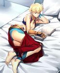  arabian_clothes arm_support ass barefoot bed blonde_hair book chietori closed_mouth commentary_request cropped_vest earrings fate/grand_order fate_(series) gilgamesh gilgamesh_(caster)_(fate) gold_trim harem_pants highres jewelry looking_down lying male_focus on_bed on_side pants pectorals pillow reading red_eyes solo thighs 